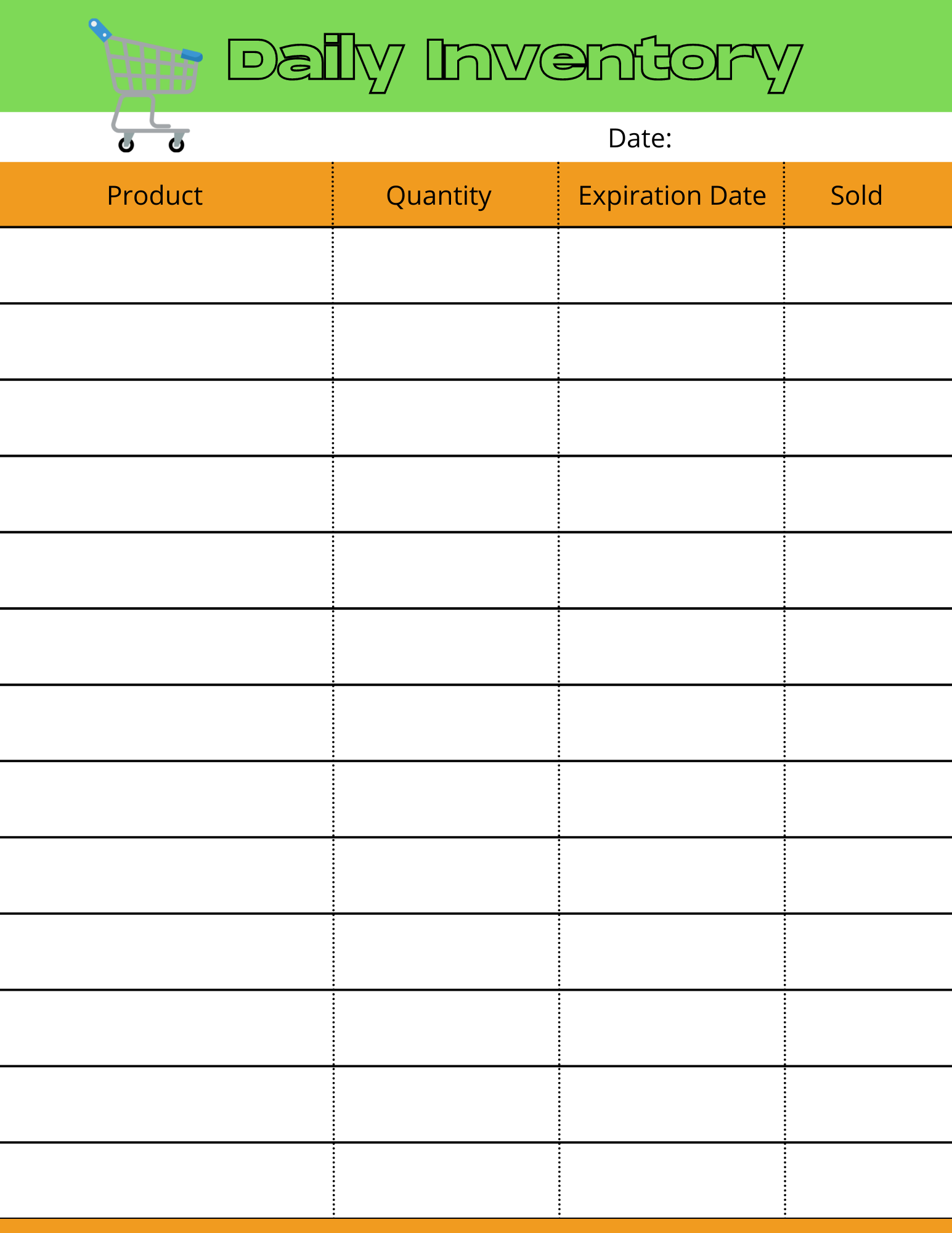 The Wondermom Shop's Grocery Store Pretend Play Kit features a daily inventory worksheet, which includes columns for product, quantity, expiration date, and sold items. It comes with a header adorned with a shopping cart icon and space to record the date—ideal for kids discovering store management skills.