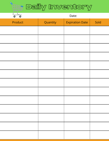 The Wondermom Shop's Grocery Store Pretend Play Kit features a daily inventory worksheet, which includes columns for product, quantity, expiration date, and sold items. It comes with a header adorned with a shopping cart icon and space to record the date—ideal for kids discovering store management skills.