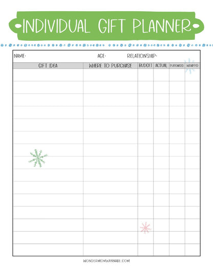 A printable individual gift planner incorporating The Most Wonderful Time of the Year Christmas Planner from Wondermom Shop and Christmas Planner.