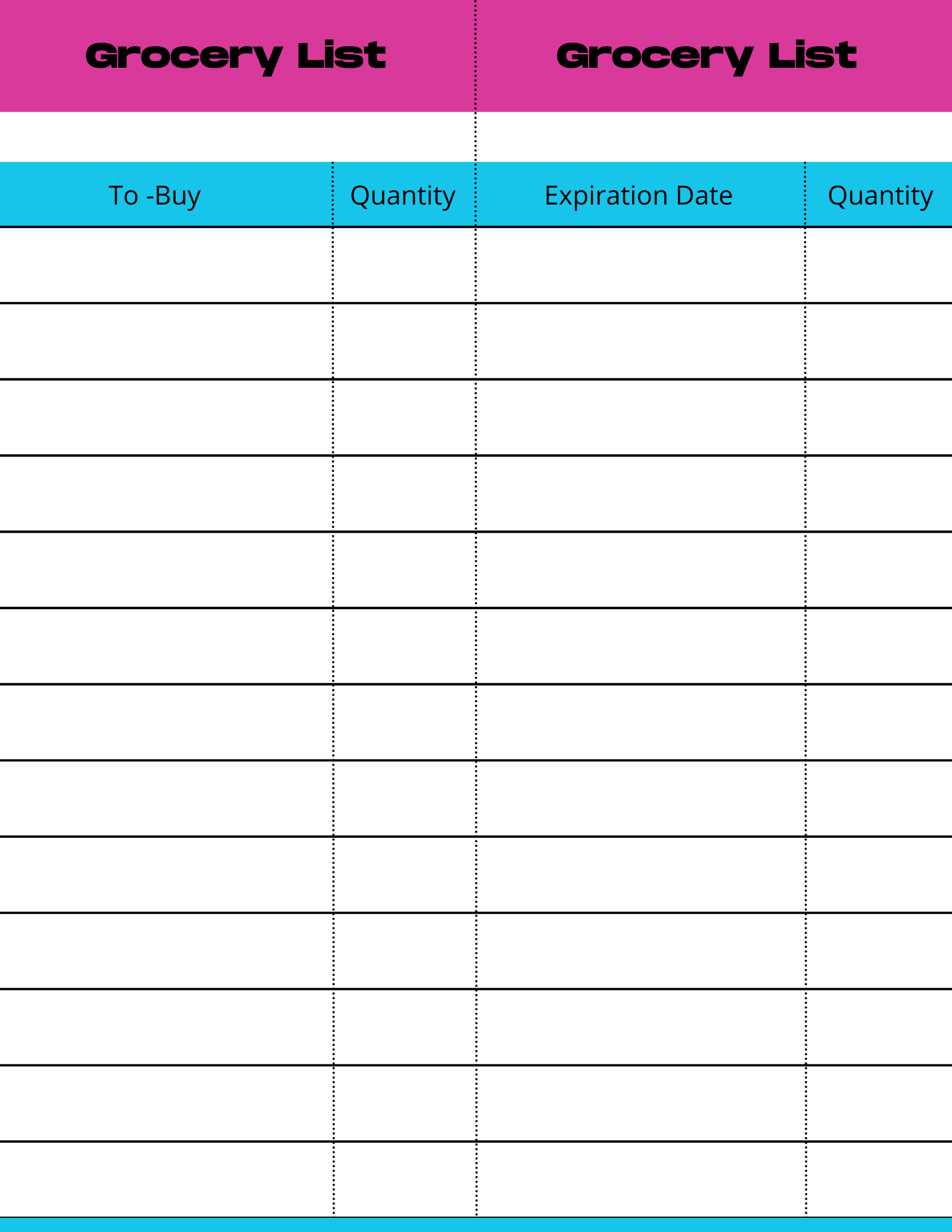 The Wondermom Shop's Grocery Store Pretend Play Kit includes a vibrant two-column grocery list table, enhancing children's play with an authentic store atmosphere. It features sections for items, quantity, expiration date, and an additional quantity column. With a pink header and blue bottom border, it ensures kids learn the art of grocery shopping effortlessly!