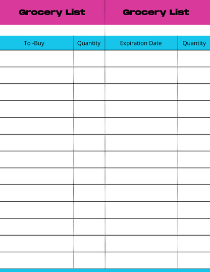 The Wondermom Shop's Grocery Store Pretend Play Kit includes a vibrant two-column grocery list table, enhancing children's play with an authentic store atmosphere. It features sections for items, quantity, expiration date, and an additional quantity column. With a pink header and blue bottom border, it ensures kids learn the art of grocery shopping effortlessly!
