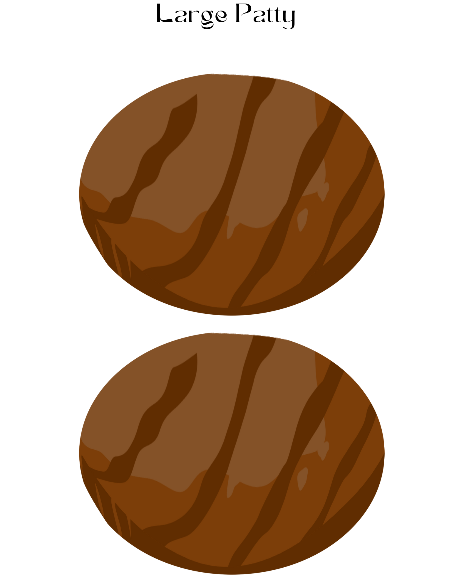 Illustration of two large, round brown patties with a grilled look on a white background, ideal for aspiring chefs to explore with the Burger Joint Pretend Play Kit by Wondermom Shop.