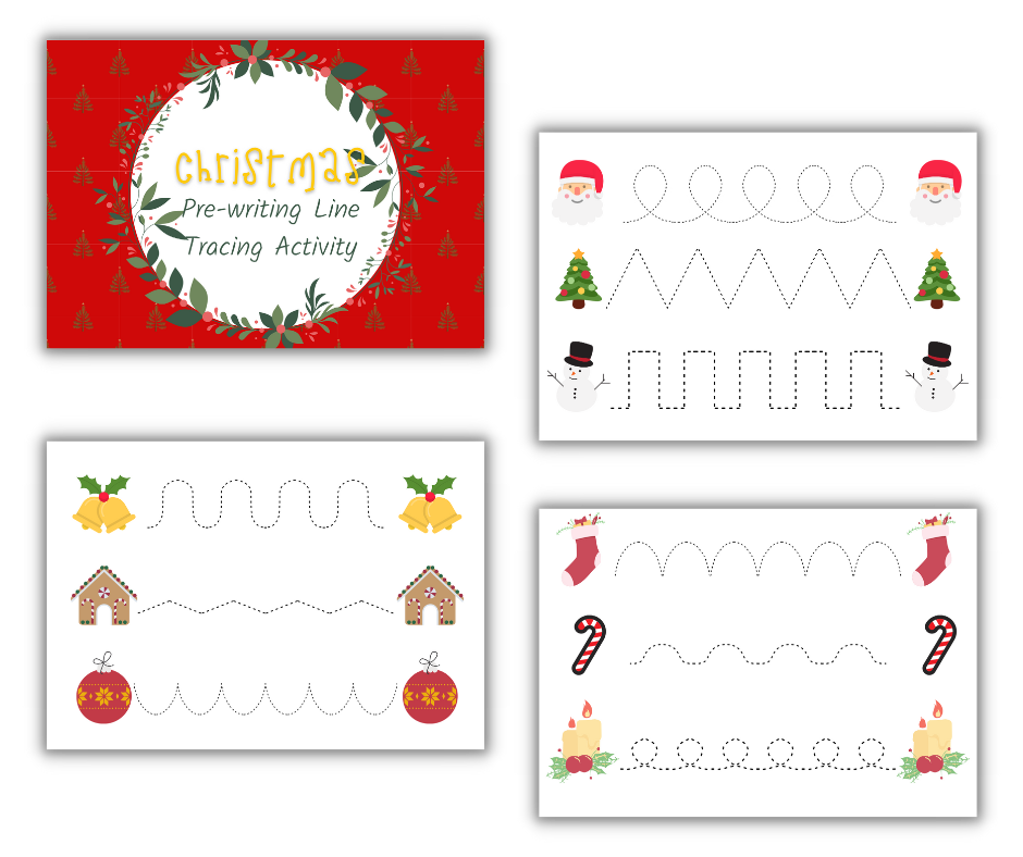 Printable Christmas-themed pre-writing activity sheets for children, featuring tracing lines with holiday motifs, available as the Wondermom Shop's Christmas Kids Activities Bundle.