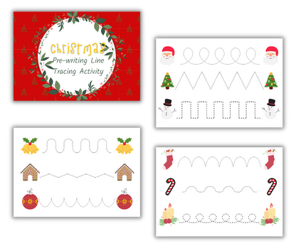 Printable Christmas-themed pre-writing activity sheets for children, featuring tracing lines with holiday motifs, available as the Wondermom Shop's Christmas Kids Activities Bundle.