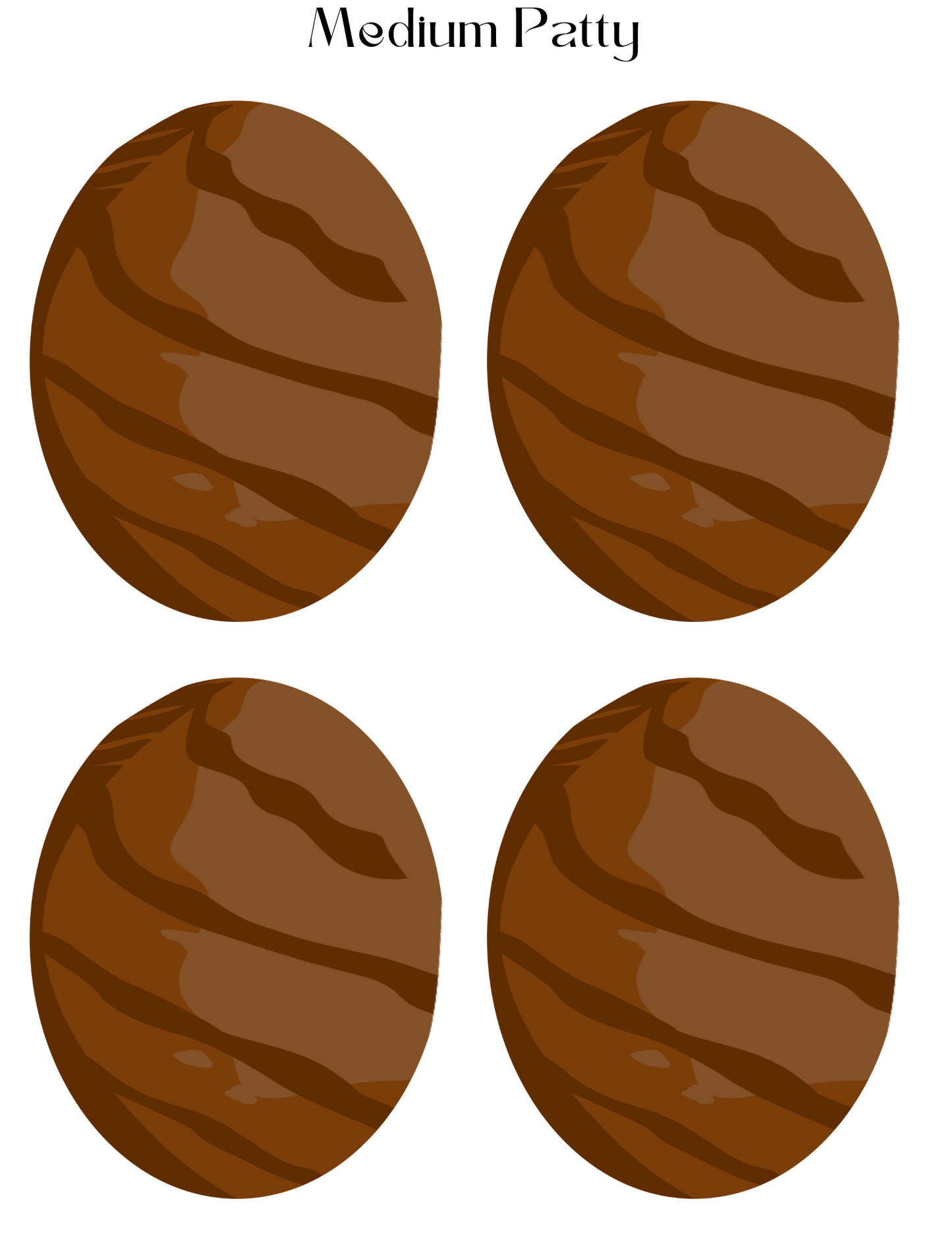 Illustration of four medium-sized, brown, textured oval patties arranged in a 2x2 grid, ideal for aspiring chefs using the Burger Joint Pretend Play Kit by Wondermom Shop.