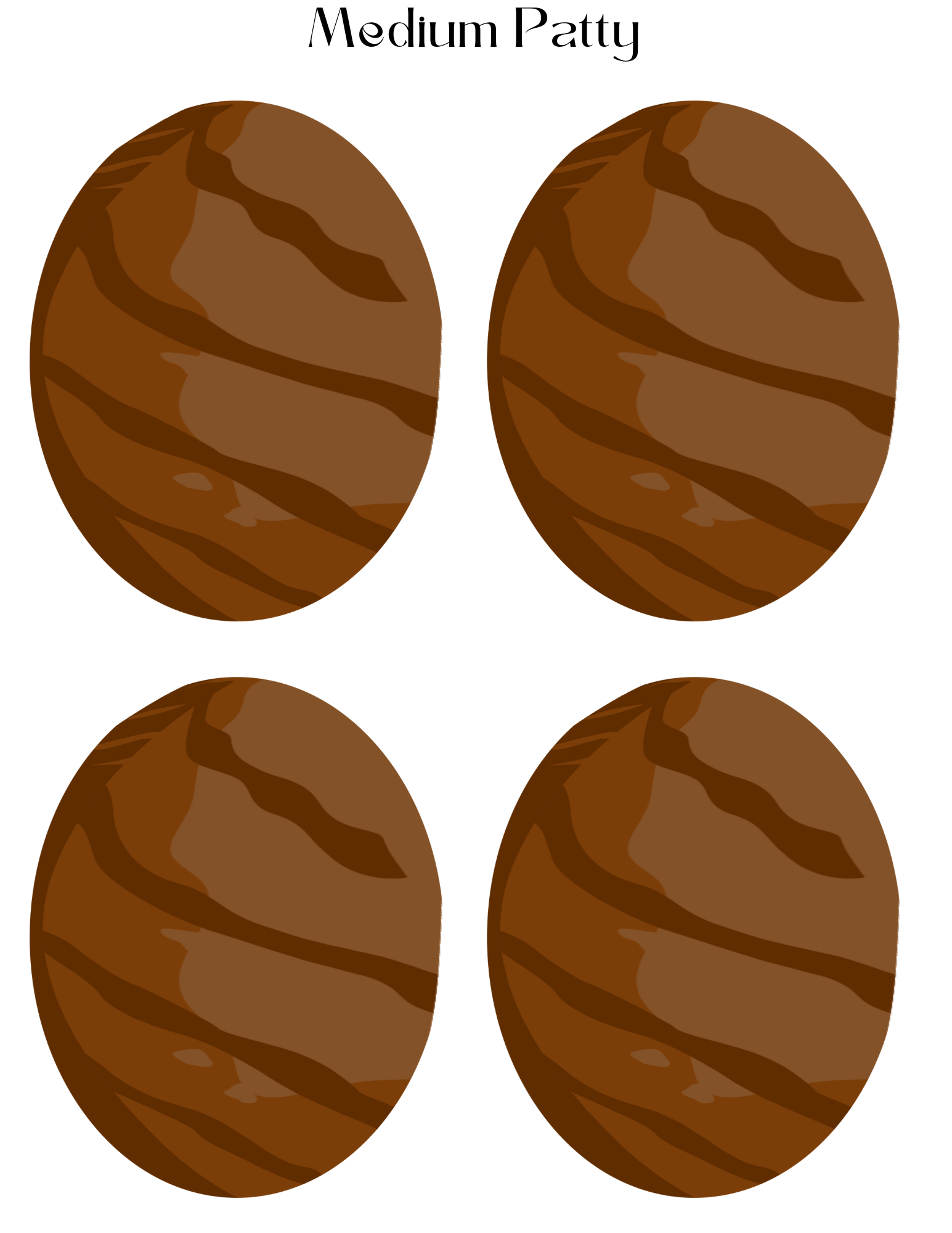 Illustration of four medium-sized, brown, textured oval patties arranged in a 2x2 grid, ideal for aspiring chefs using the Burger Joint Pretend Play Kit by Wondermom Shop.