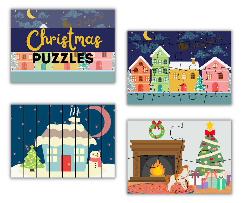 A digital Christmas Kids Activities Bundle showcasing a collage of four colorful Christmas-themed printable activities, featuring festive houses, a snowman, a cozy fireplace, and a decorated tree from Wondermom Shop.