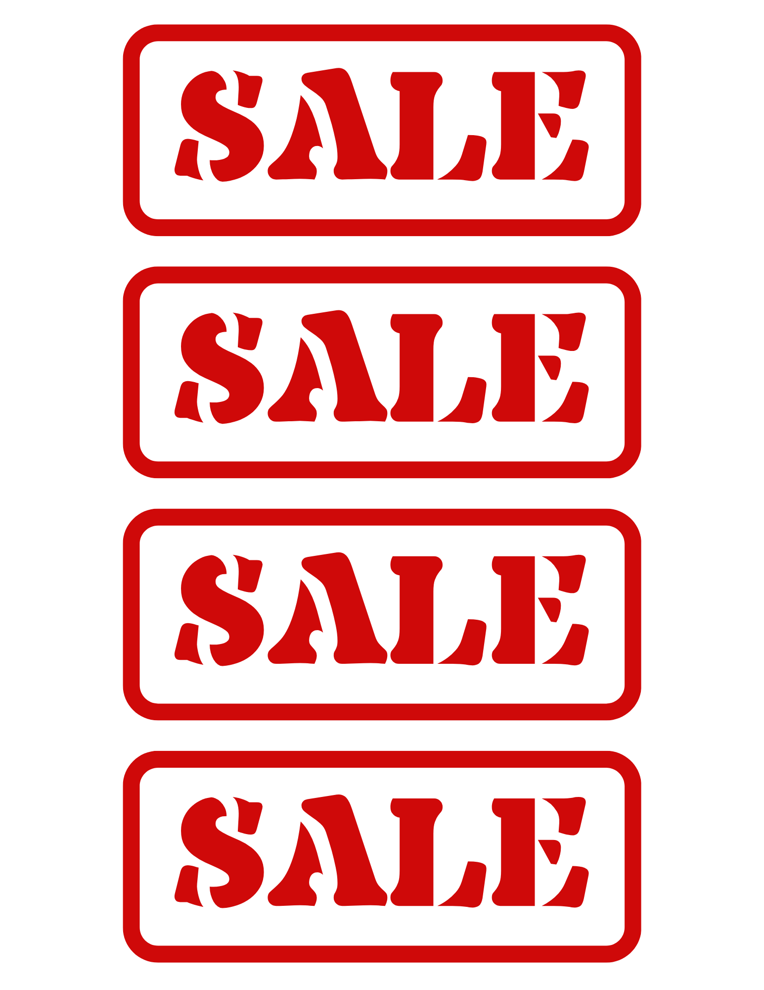 Four identical red "SALE" signs are stacked vertically, enhancing the authenticity of the Wondermom Shop Grocery Store Pretend Play Kit, where children can learn about grocery shopping and enjoy a pretend store experience that feels real.