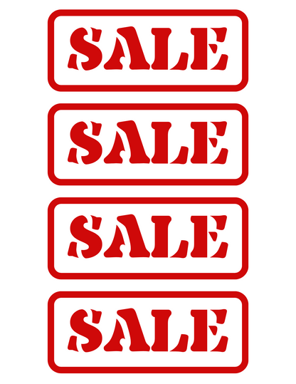 Four identical red "SALE" signs are stacked vertically, enhancing the authenticity of the Wondermom Shop Grocery Store Pretend Play Kit, where children can learn about grocery shopping and enjoy a pretend store experience that feels real.