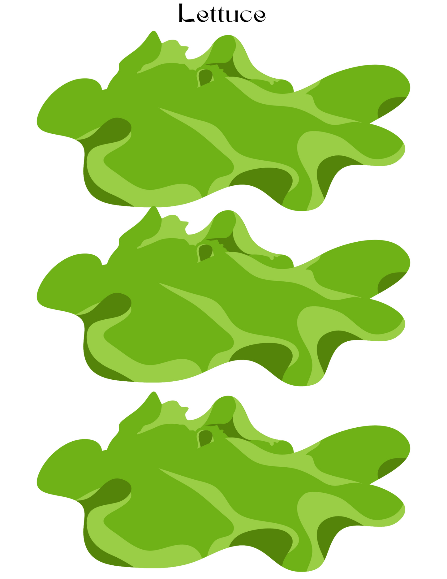 Illustration of three vertically stacked green lettuce leaves against a white background, ideal for aspiring chefs aiming to enrich their play experience with the realistic produce provided in the Wondermom Shop's Burger Joint Pretend Play Kit.