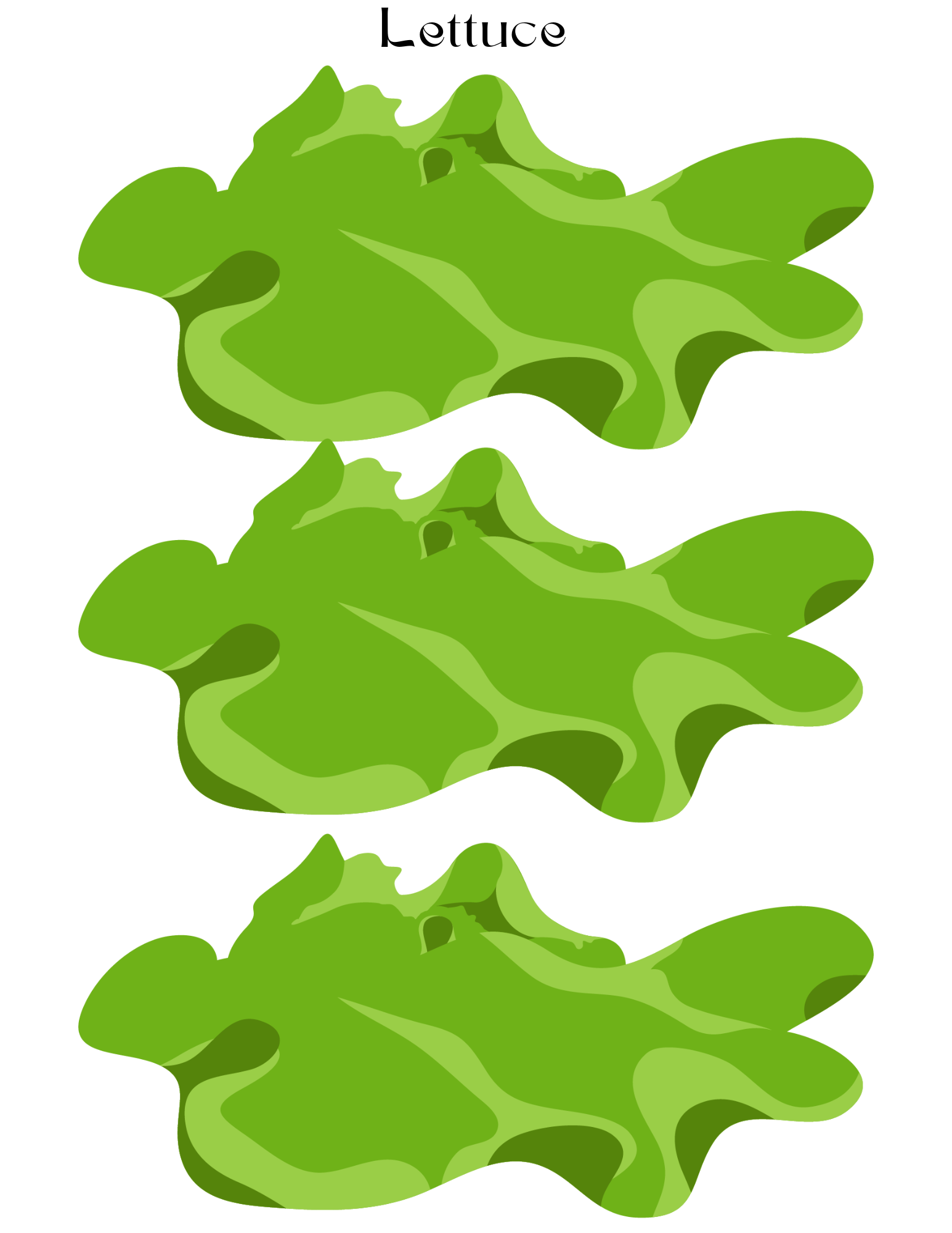 Illustration of three vertically stacked green lettuce leaves against a white background, ideal for aspiring chefs aiming to enrich their play experience with the realistic produce provided in the Wondermom Shop's Burger Joint Pretend Play Kit.