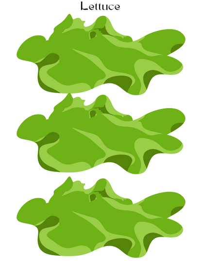 Illustration of three vertically stacked green lettuce leaves against a white background, ideal for aspiring chefs aiming to enrich their play experience with the realistic produce provided in the Wondermom Shop's Burger Joint Pretend Play Kit.
