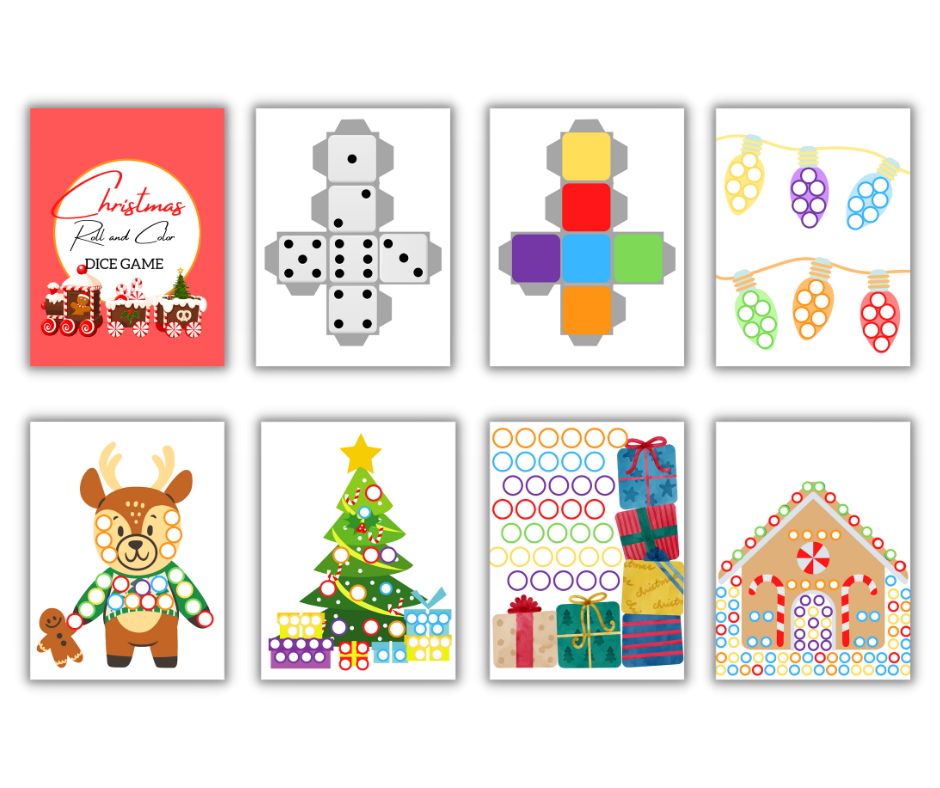 A collage of Wondermom Shop's Christmas Kids Activities Bundle featuring printable activities and board games for children.