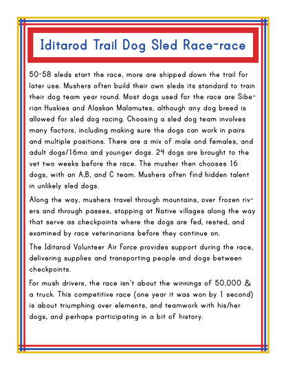 Typed text on a poster explaining the Iditarod Trail Dog Sled Race, featuring information on dog breeds, race logistics, support systems, and prizes. This iconic event provides an immersive experience into Alaska's history and offers a thrilling taste of Alaskan activities for both participants and spectators. For further exploration of Alaska's wonders, check out the Alaska Activity Kit by Wondermom Shop.