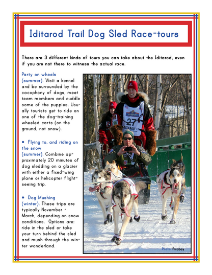 A flyer for the Wondermom Shop's Alaska Activity Kit details three thrilling Iditarod Trail dog sled race tour options: Summer Party on Wheels, Summer Flying and Riding on Ice, and Winter Dog Mushing. Featuring exciting activities in Alaska, the flyer includes an image of a dog sled team in action.