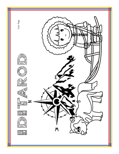 A black and white illustration from the Alaska Activity Kit by Wondermom Shop features a child dressed for cold weather, a sled, a dog, mountains, and a compass. The word "IDITAROD" is prominently displayed on the left, capturing the spirit of Alaska activities and the rich tapestry of Alaska history.