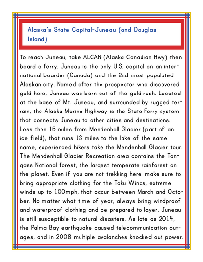 An informational sign about Juneau, Alaska, detailing its location, means of access, significant landmarks, notable historical points in Alaska history, and natural features like the Mendenhall Glacier and Tongass National Forest. Additionally highlights popular activities for visitors to enjoy with the **Alaska Activity Kit** from **Wondermom Shop**.