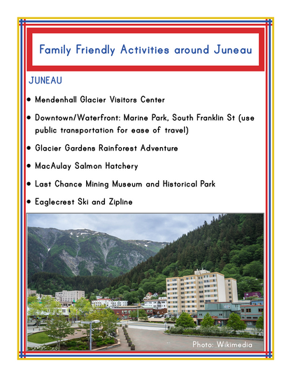 A flyer listing family-friendly Alaska activities around Juneau, including the Mendenhall Glacier Visitors Center, Glacier Gardens Rainforest Adventure, MacAulay Salmon Hatchery, and more—all featured in the Alaska Activity Kit by Wondermom Shop.