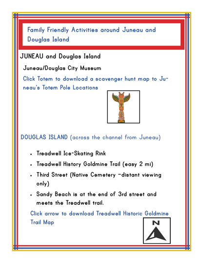 Flyer titled "Family Friendly Activities around Juneau and Douglas Island" featuring the Alaska Activity Kit from Wondermom Shop, which details various activities including museum visits, scavenger hunts, trails on Douglas Island, and exploring Alaska national parks.