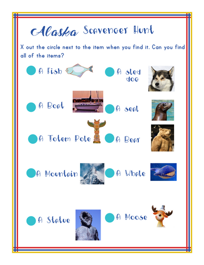The Alaska Activity Kit from Wondermom Shop includes a Scavenger Hunt checklist showcasing images and names of nine Alaskan items to discover: fish, sled dog, boat, seal, totem pole, bear, mountain, whale statue, and moose. It's the perfect mix of engaging Alaska activities and a hint of Alaskan history!