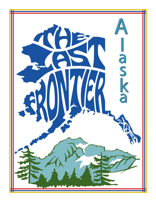 Illustration of Alaska from the Wondermom Shop's "Alaska Activity Kit," showcasing "The Last Frontier" text overlaid on its map, with "Alaska" written vertically. The design features mountains and trees at the bottom, beautifully capturing the essence of Alaska’s national parks.