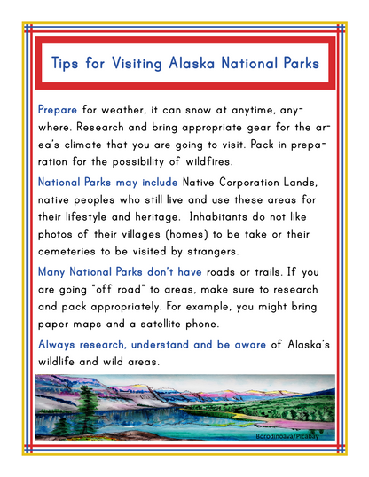 The Alaska Activity Kit from Wondermom Shop features an informational poster titled "Tips for Visiting Alaska National Parks." It offers practical advice on weather preparation, wildlife encounters, road conditions, and the inclusion of Native Corporation Lands. The kit also includes insights into various activities in Alaska to enhance your adventure.