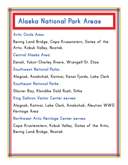 The Alaska Activity Kit from Wondermom Shop features a list of Alaska National Park Areas categorized by regions: Arctic Circle Area, Central Alaska Area, Southwest National Parks, Southeast National Parks, King Salmon Visitor Center Services, and Northwest Arctic Heritage Center Services. Discover the rich tapestry of Alaska history through various activities in these stunning parks.