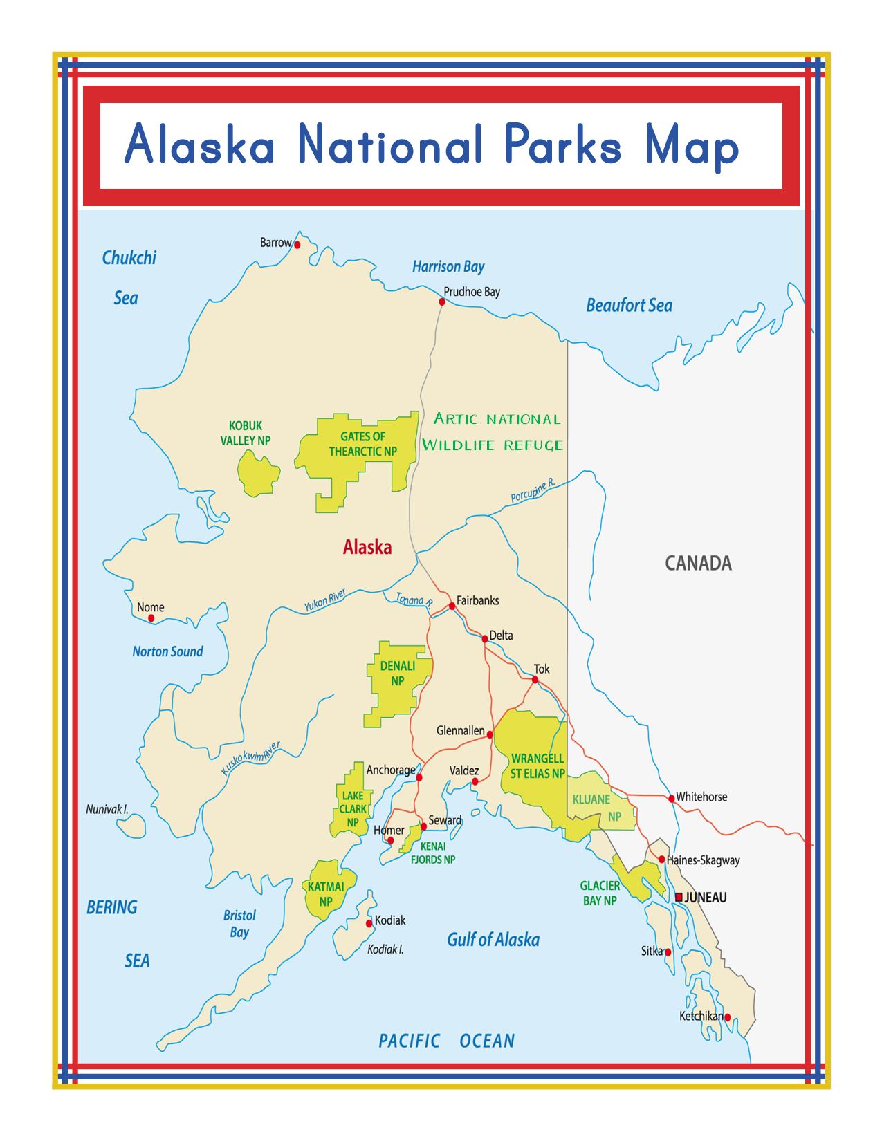 Explore Alaska with our Alaska Activity Kit from Wondermom Shop! Discover a detailed map of Alaska showcasing major national parks such as Denali, Wrangell-St. Elias, and Glacier Bay, along with wildlife refuges, cities, and bodies of water. Uncover key historical sites and enjoy diverse Alaskan activities; all beautifully illustrated on a map that borders Canada and the Pacific Ocean.