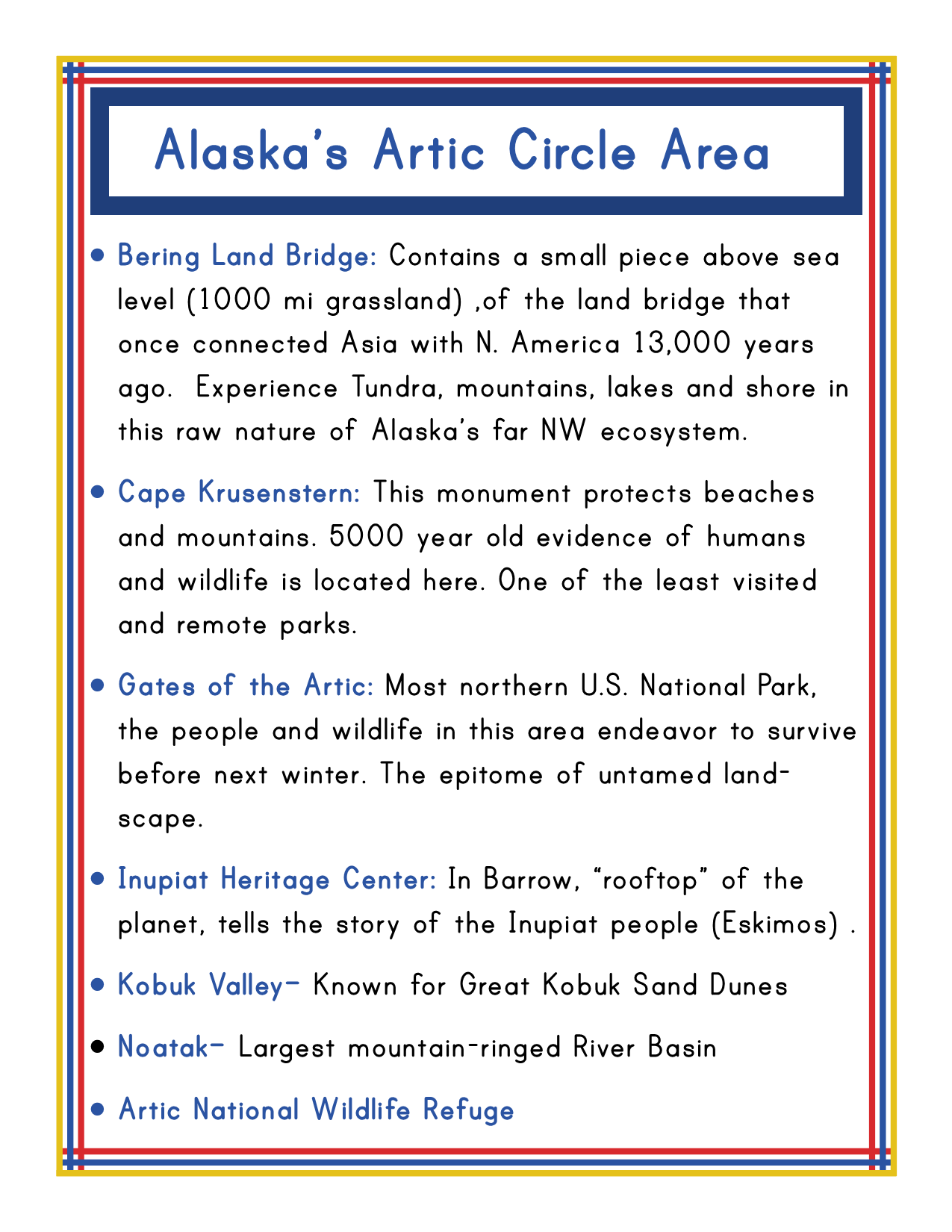 Flyer titled "Alaska's Arctic Circle Area," part of the Alaska Activity Kit by Wondermom Shop, featuring notable locations and national parks such as Bering Land Bridge, Cape Krusenstern, Gates of the Arctic, Inupiat Heritage Center, Kobuk Valley, Noatak, and the Arctic National Wildlife Refuge.