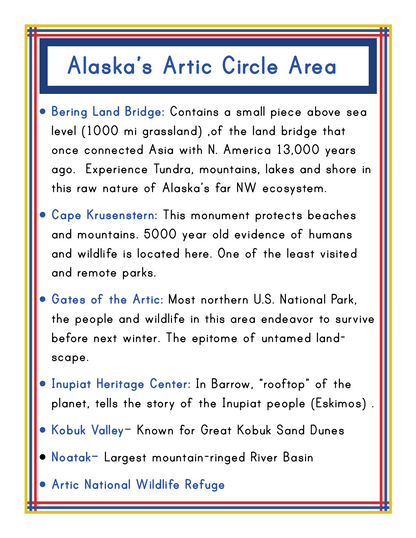 Flyer titled "Alaska's Arctic Circle Area," part of the Alaska Activity Kit by Wondermom Shop, featuring notable locations and national parks such as Bering Land Bridge, Cape Krusenstern, Gates of the Arctic, Inupiat Heritage Center, Kobuk Valley, Noatak, and the Arctic National Wildlife Refuge.