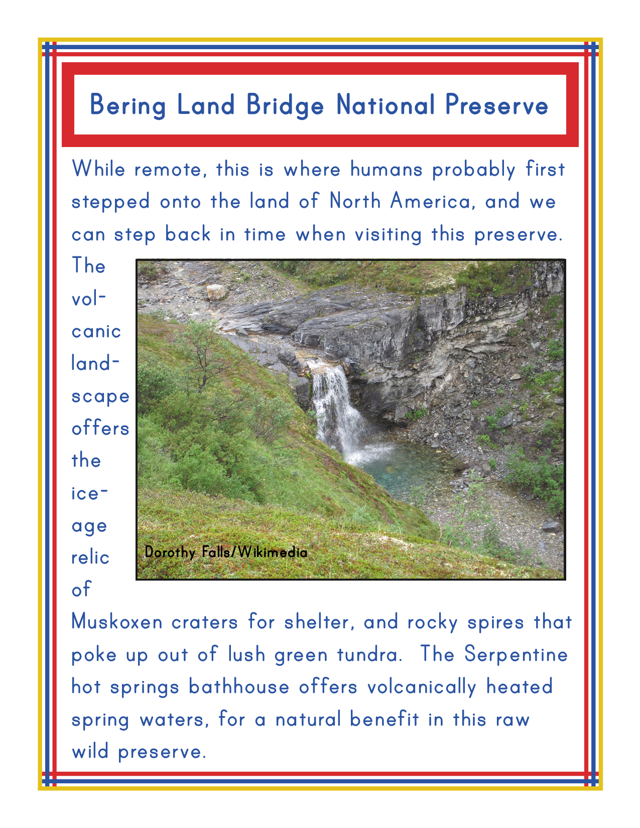 Informational sign featuring the Bering Land Bridge National Preserve, highlighting its volcanic landscape, hot springs, and historical significance as the initial human entry point to North America. This gem among Alaska national parks offers a unique glimpse into Alaska history and abundant outdoor activities. Enhance your experience with the Alaska Activity Kit by Wondermom Shop.