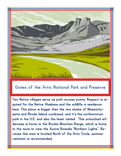 Illustrated poster from the Alaska Activity Kit by Wondermom Shop showcasing Gates of the Arctic National Park. It presents a breathtaking mountainous landscape and verdant green fields, with text detailing park access, resident wildlife, and summer visitation tips for exploring Alaska national parks.