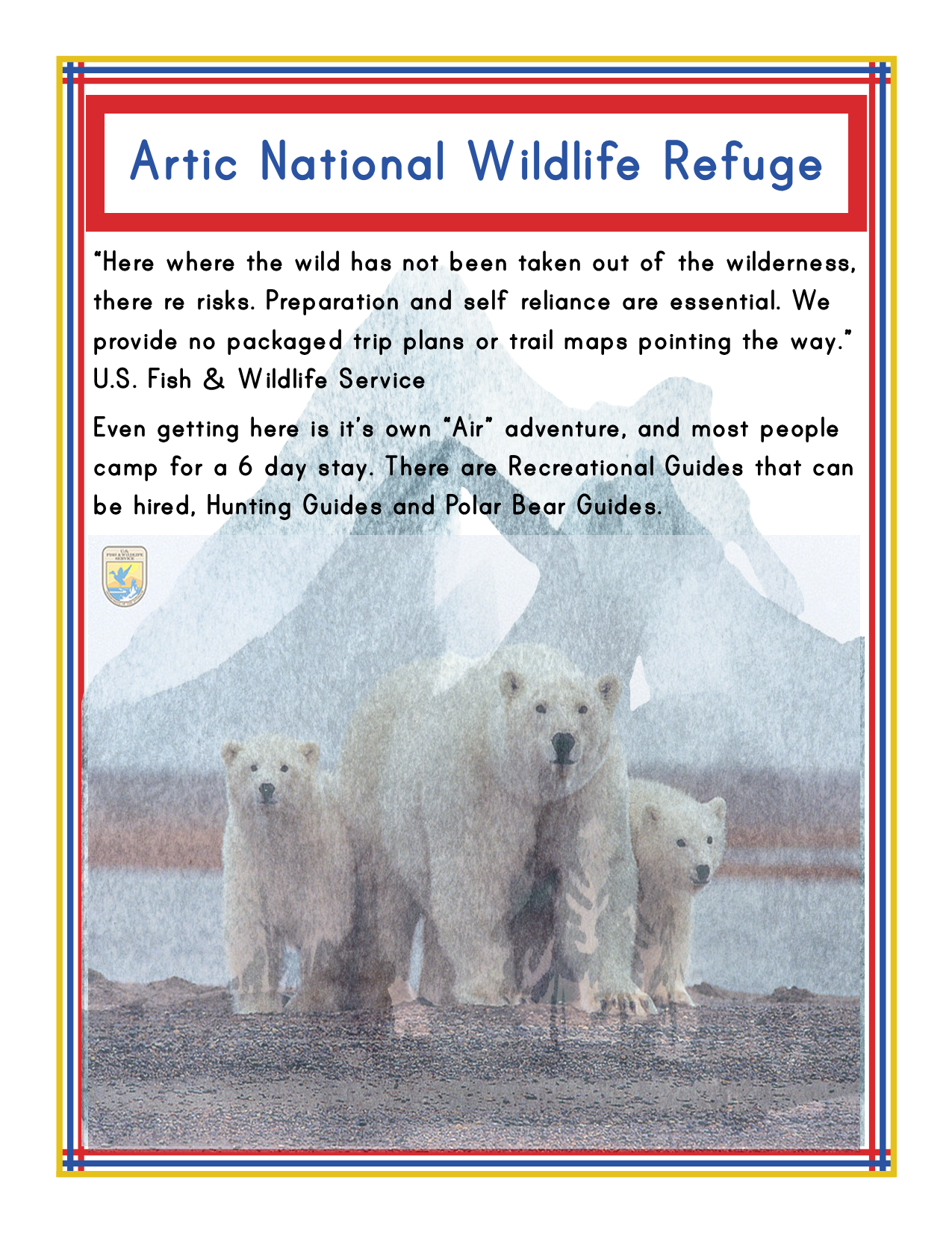 Sign with "Arctic National Wildlife Refuge" and a description. Below the text is an image of four polar bears standing together in a snowy environment, featuring one of the most iconic sights captured in the Alaska Activity Kit by Wondermom Shop.
