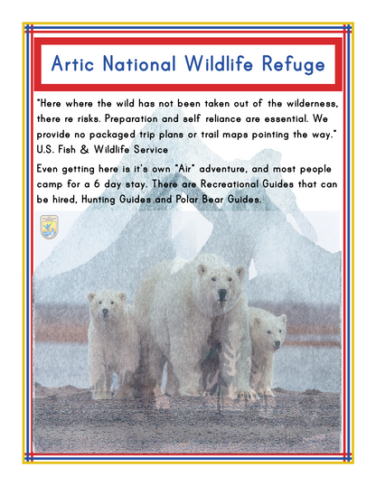 Sign with "Arctic National Wildlife Refuge" and a description. Below the text is an image of four polar bears standing together in a snowy environment, featuring one of the most iconic sights captured in the Alaska Activity Kit by Wondermom Shop.
