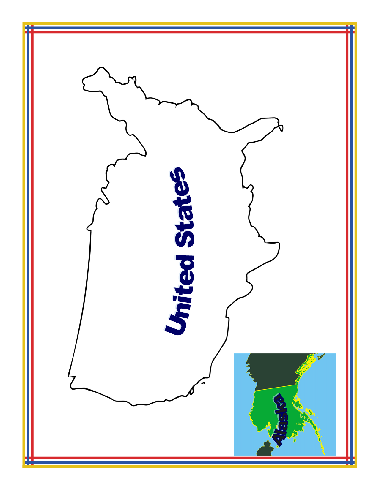 Outline of the United States featuring "United States" written diagonally across, enclosed within a border with colorful lines. In the bottom right corner, there is a small map highlighting parts of East Asia and referencing Alaska national parks, all part of the Alaska Activity Kit by Wondermom Shop.