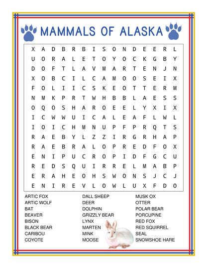 Discover the "Mammals of Alaska" word search puzzle, part of the Wondermom Shop's Alaska Activity Kit. This engaging activity features various animal names hidden in a grid of letters. A list of the animals to find is provided at the bottom, along with an image of a rabbit. Perfect for exploring both the wildlife and rich history of Alaska!
