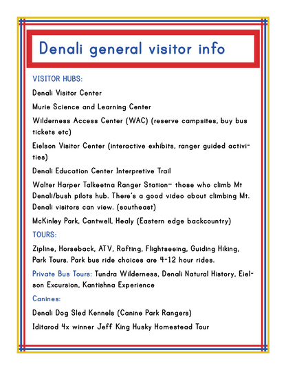Discover visitor hubs, tours, and private bus tours with the Alaska Activity Kit by Wondermom Shop. Explore various visitor centers, exhibits detailing Alaska's rich history, trails, and enjoy activities like ziplining, horseback riding, and visiting dog sled kennels in the heart of Alaska's national parks.