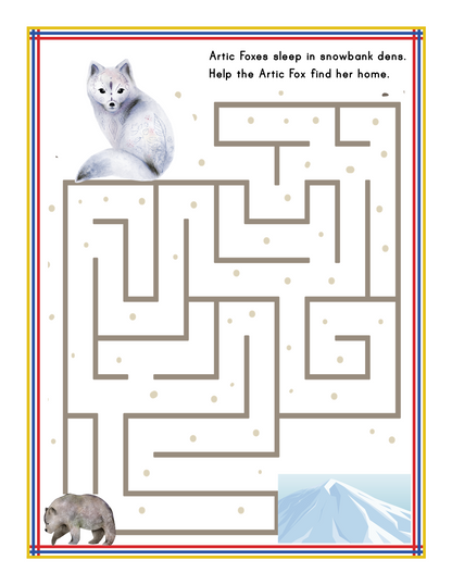 Introducing the Alaska Activity Kit from Wondermom Shop: Navigate a maze puzzle where an arctic fox seeks her snowbank den, while a bear and a snowy mountain adorn the scene. The kit's text invites you: "Arctic Foxes sleep in snowbank dens. Help the Arctic Fox find her home while exploring Alaska national parks.