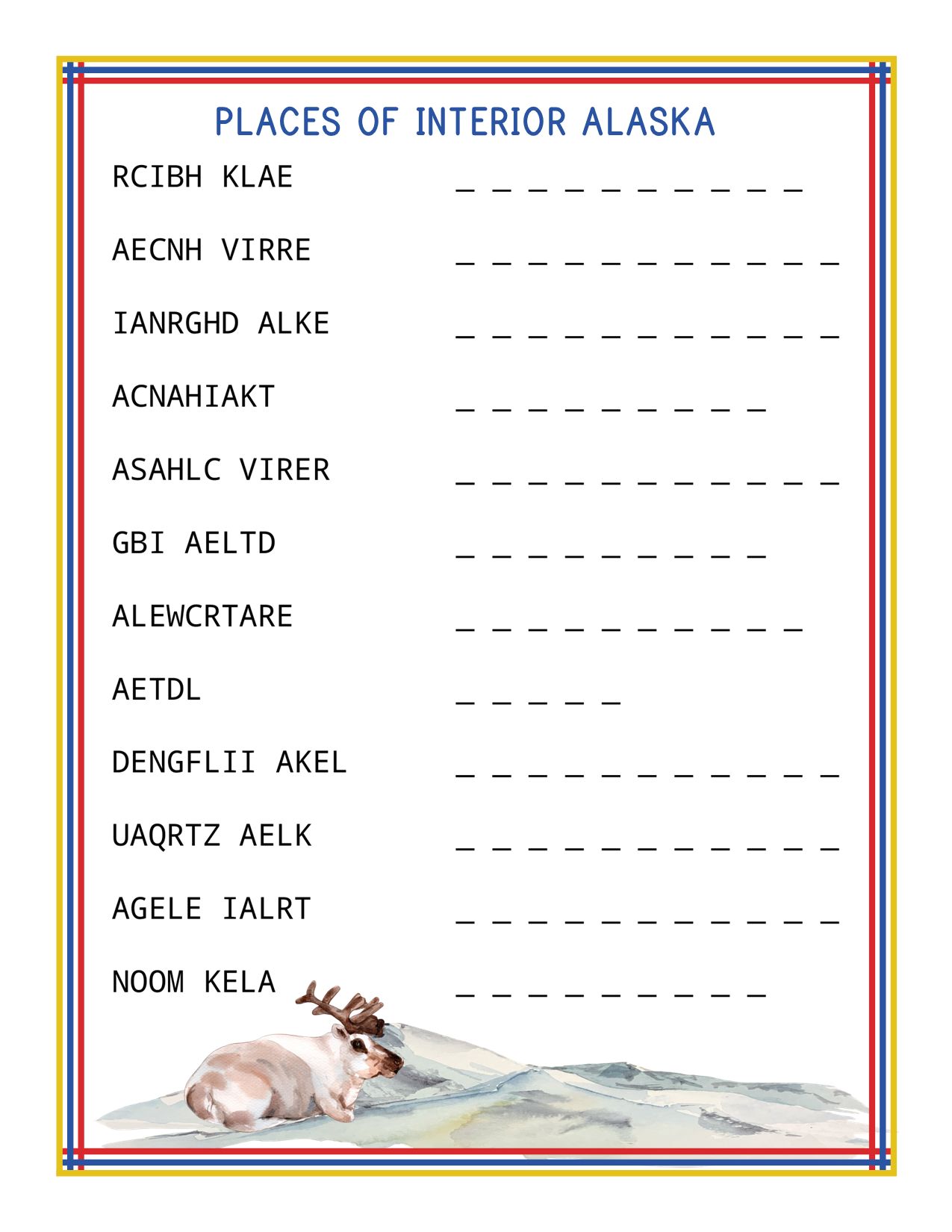 The "Alaska Activity Kit" from Wondermom Shop includes a worksheet titled "Places of Interior Alaska," which features a list of scrambled words related to Alaska national parks in Interior Alaska, with blank spaces for the correct answers. An illustration of a moose is at the bottom.