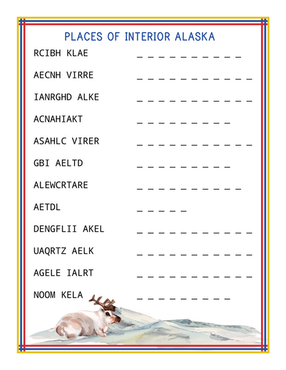 The "Alaska Activity Kit" from Wondermom Shop includes a worksheet titled "Places of Interior Alaska," which features a list of scrambled words related to Alaska national parks in Interior Alaska, with blank spaces for the correct answers. An illustration of a moose is at the bottom.