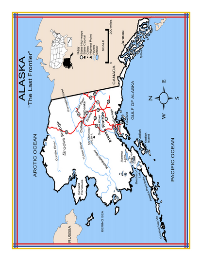 The Wondermom Shop's "Alaska Activity Kit" features a "Map of Alaska" titled "The Last Frontier," detailing major cities, rivers, borders, and surrounding bodies of water such as the Arctic Ocean, Pacific Ocean, and Gulf of Alaska. The map also highlights key national parks in Alaska for those interested in exploring the state's rich natural heritage.