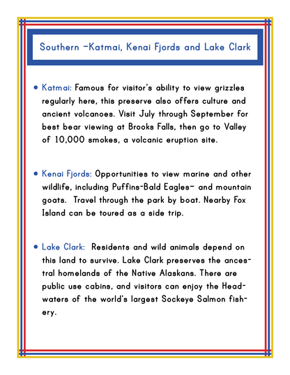 Introducing the Alaska Activity Kit by Wondermom Shop: An informational flyer detailing Katmai, Kenai Fjords, and Lake Clark National Parks. Discover Alaska activities such as bear viewing, wildlife tours, and immersing in local culture. The flyer features vibrant borders and headings to beautifully showcase each of these stunning parks.