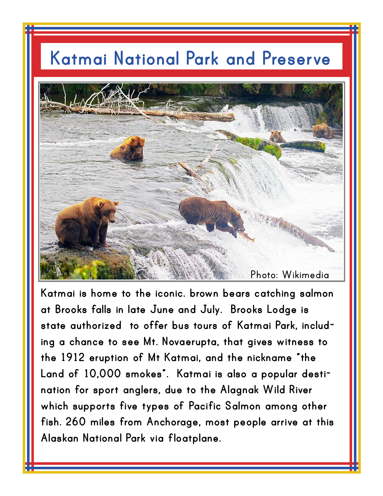 Bears catching salmon at Brooks Falls in Katmai National Park, Alaska, a popular destination rich in Alaska history and volcanic features. It’s known for its diverse wildlife and various activities, making it a prime spot within the network of Alaska national parks. To enhance your visit, consider the _Alaska Activity Kit_ from _Wondermom Shop_, which you can easily access via floatplane.

