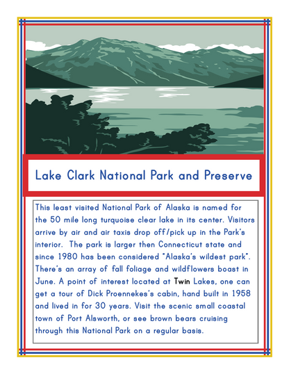 A scenic illustration of Lake Clark National Park and Preserve from the Wondermom Shop's Alaska Activity Kit. The text explains the park's geography, transportation methods, highlights of the park, and provides information about nearby attractions in Alaska national parks.