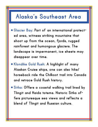 Check out the Alaska Activity Kit from Wondermom Shop, an insightful package about Alaska's Southeast Area. It offers detailed information on Glacier Bay, the Klondike Gold Rush, and Sitka. The kit highlights natural features, historical trails, and the rich cultural influences of Tlingit, Haida, and Russian heritage while guiding you through Alaska's national parks.