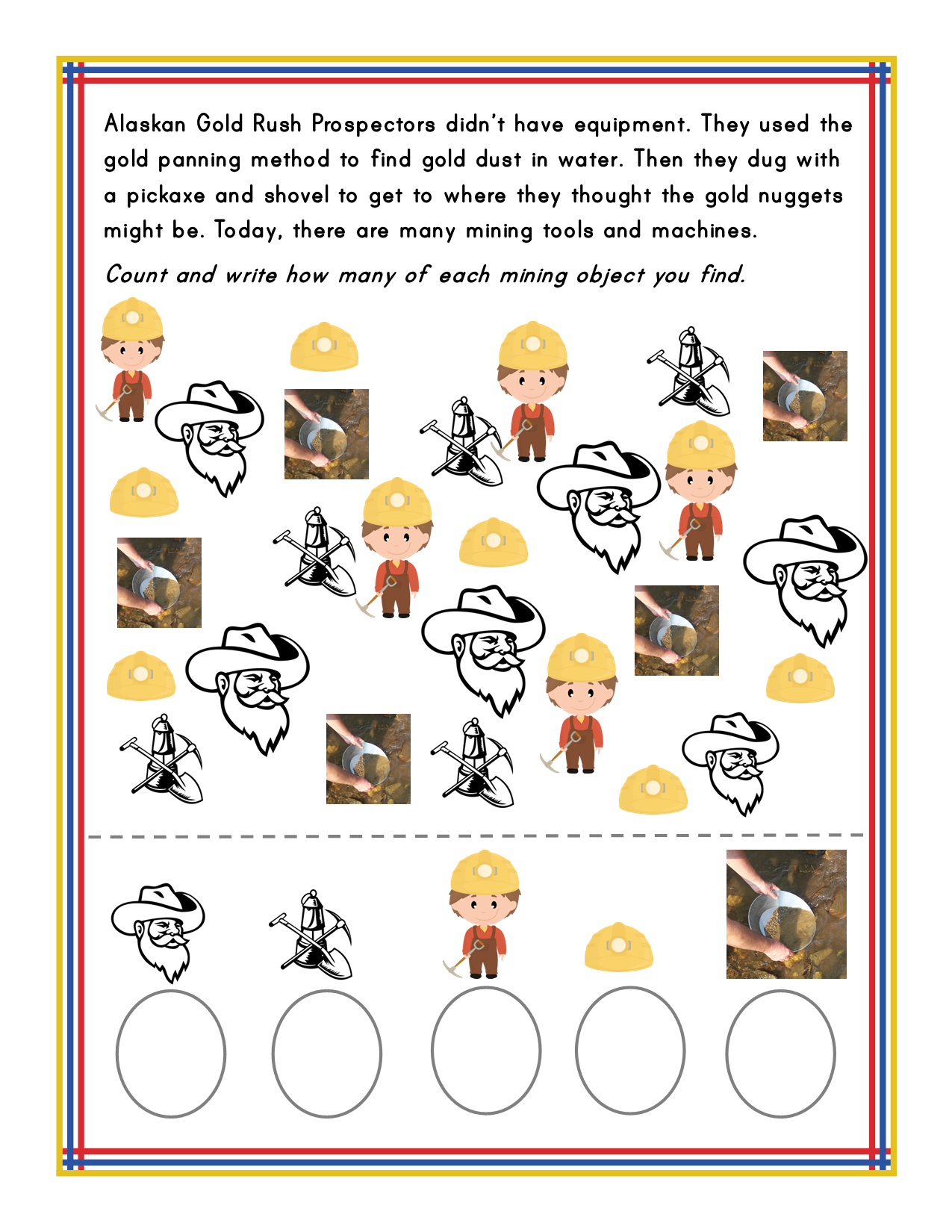 The Alaska Activity Kit by Wondermom Shop features a worksheet with illustrations of miners, pickaxes, gold pans, and gold nuggets. Instructions prompt you to count each type of mining object and write the quantity in designated circles below. It's perfect for learning about Alaska history and its rich mining heritage.