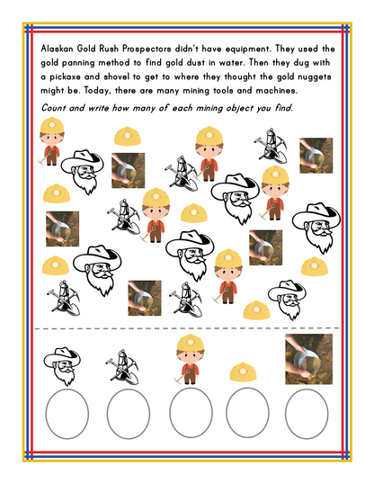 The Alaska Activity Kit by Wondermom Shop features a worksheet with illustrations of miners, pickaxes, gold pans, and gold nuggets. Instructions prompt you to count each type of mining object and write the quantity in designated circles below. It's perfect for learning about Alaska history and its rich mining heritage.