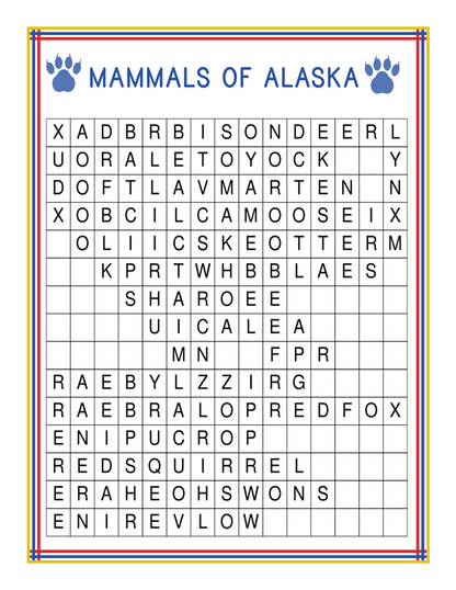 Word search puzzle titled "Mammals of Alaska" from the Alaska Activity Kit by Wondermom Shop. The names of various mammals are hidden in a grid, and the border features two blue paw prints, making it a perfect activity for those interested in learning about Alaska national parks.
