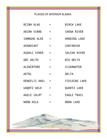 The **Alaska Activity Kit** from **Wondermom Shop** features a list of places in Interior Alaska, such as Birch Lake, Chena River, and Harding Lake, with their names scrambled. Displayed on a white background with a minimal mountain illustration at the bottom, this playful design makes exploring Alaska activities both fun and educational.