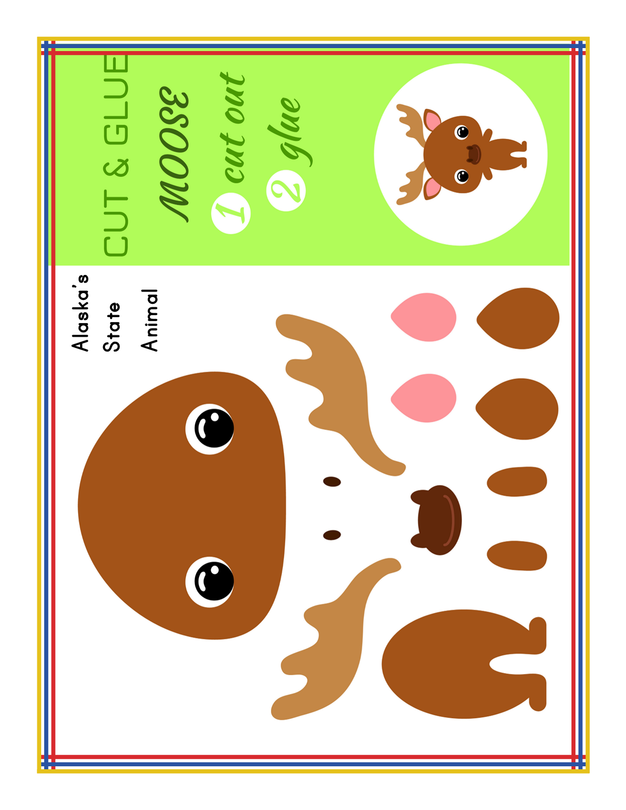 Engage your children with Wondermom Shop's Alaska Activity Kit, featuring a 'Cut & Glue Moose' craft. This kit includes various parts of a moose to be cut out and glued together, and showcases an image of the completed moose in the top right corner. It's the perfect hands-on activity for learning about Alaska national parks through fun and interactive play!